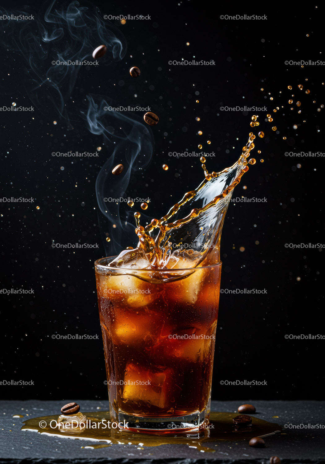 Iced Coffee Splash with Floating Coffee Beans