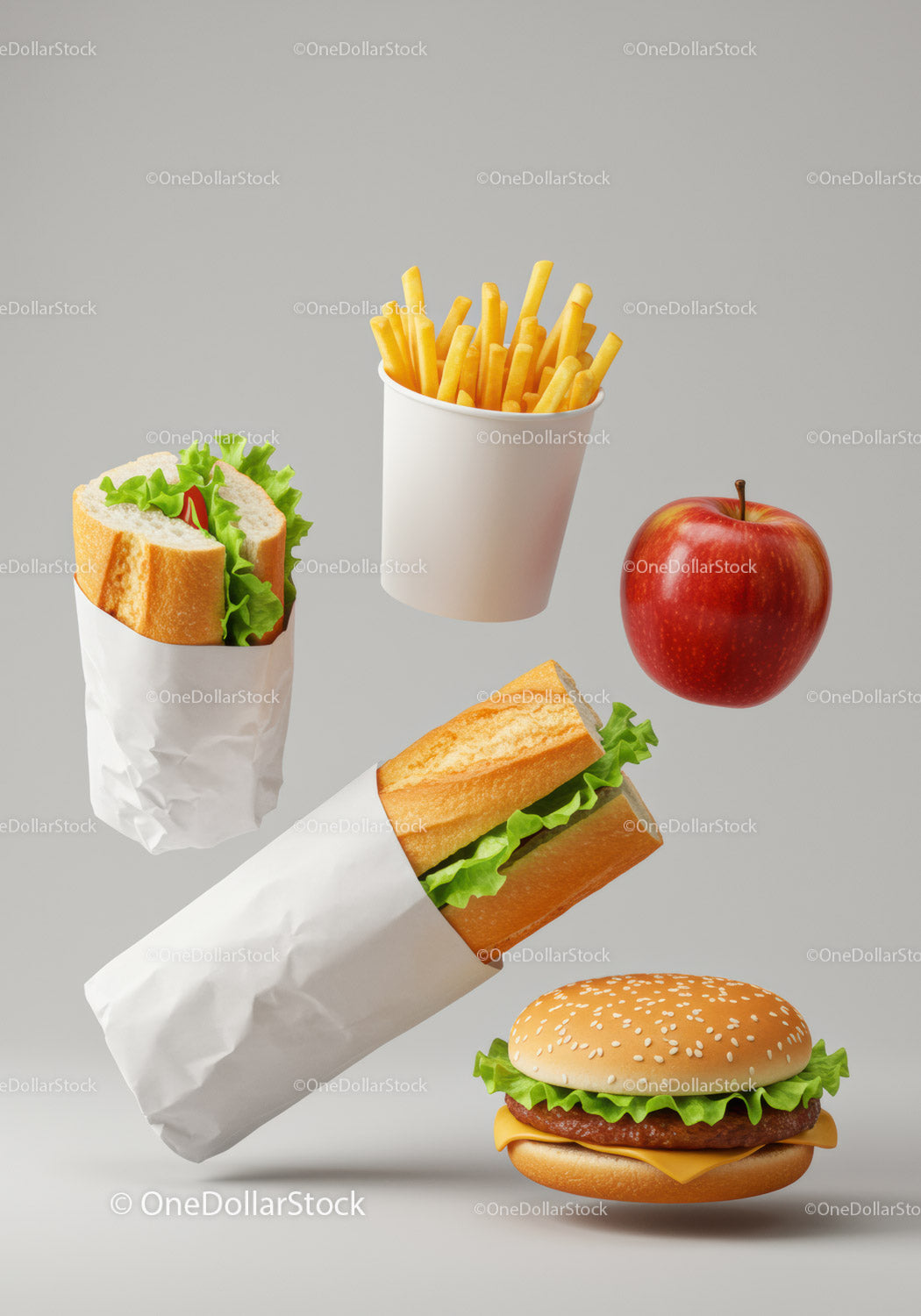Assorted fast food items with fresh ingredients on gray
