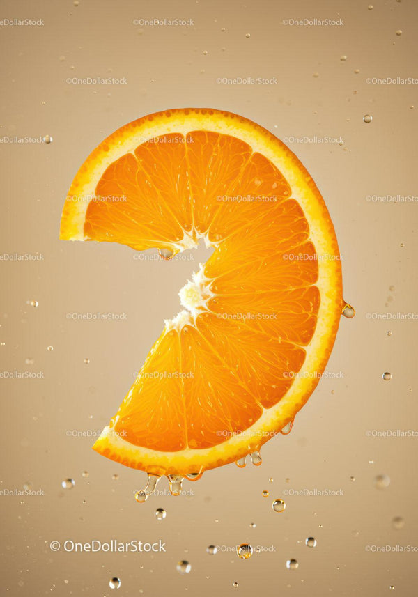 Fresh Orange Slice with Water Droplets on Beige Background