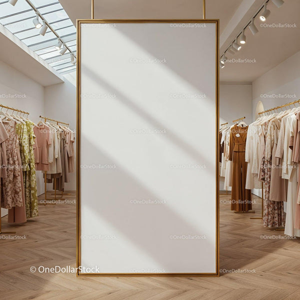 Modern fashion boutique with neutral tones and natural light JPG Mockup Image