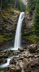 Majestic Mountain Waterfall Flowing Through Verdant Forest Scene