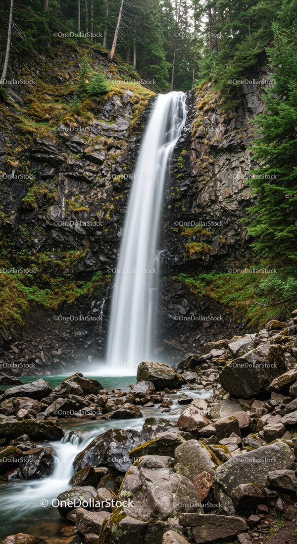 Majestic Mountain Waterfall Flowing Through Verdant Forest Scene