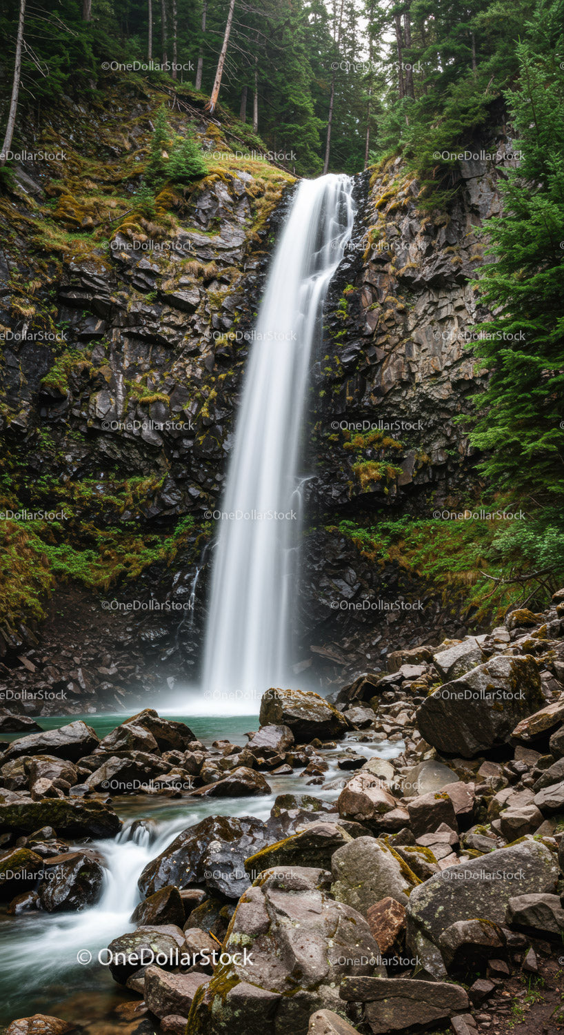 Majestic Mountain Waterfall Flowing Through Verdant Forest Scene