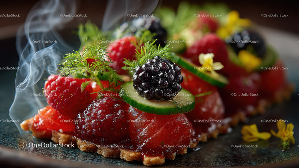 Fresh Berry and Cucumber Garnish on Gourmet Plate