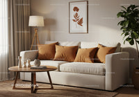 Cozy living room with neutral sofa and warm decor