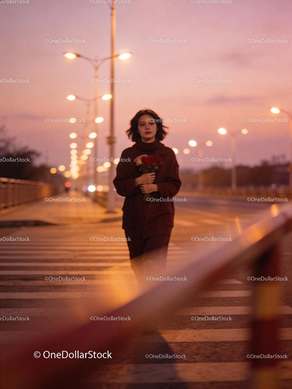 Woman holding roses walking on lit city street at dusk