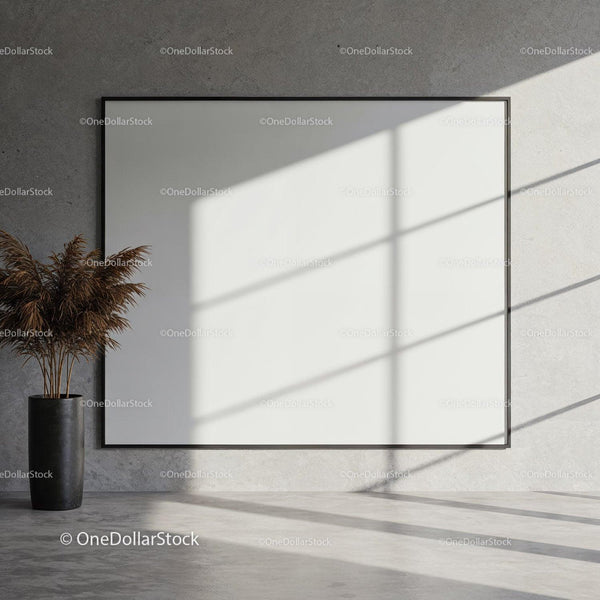 Minimalist interior with large blank canvas and vase JPG Mockup Image