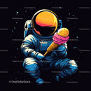 Colorful Astronaut Holding Ice Cream in Space with Galaxy Reflection