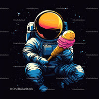 Colorful Astronaut Holding Ice Cream in Space with Galaxy Reflection