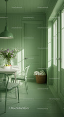 Bright Modern Kitchen with Green Walls and Sunlit Dining Area