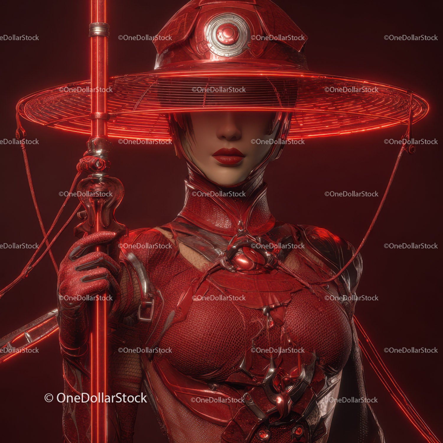 Futuristic Samurai in Neon Red Armor Holding Umbrella