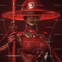 Futuristic Samurai in Neon Red Armor Holding Umbrella