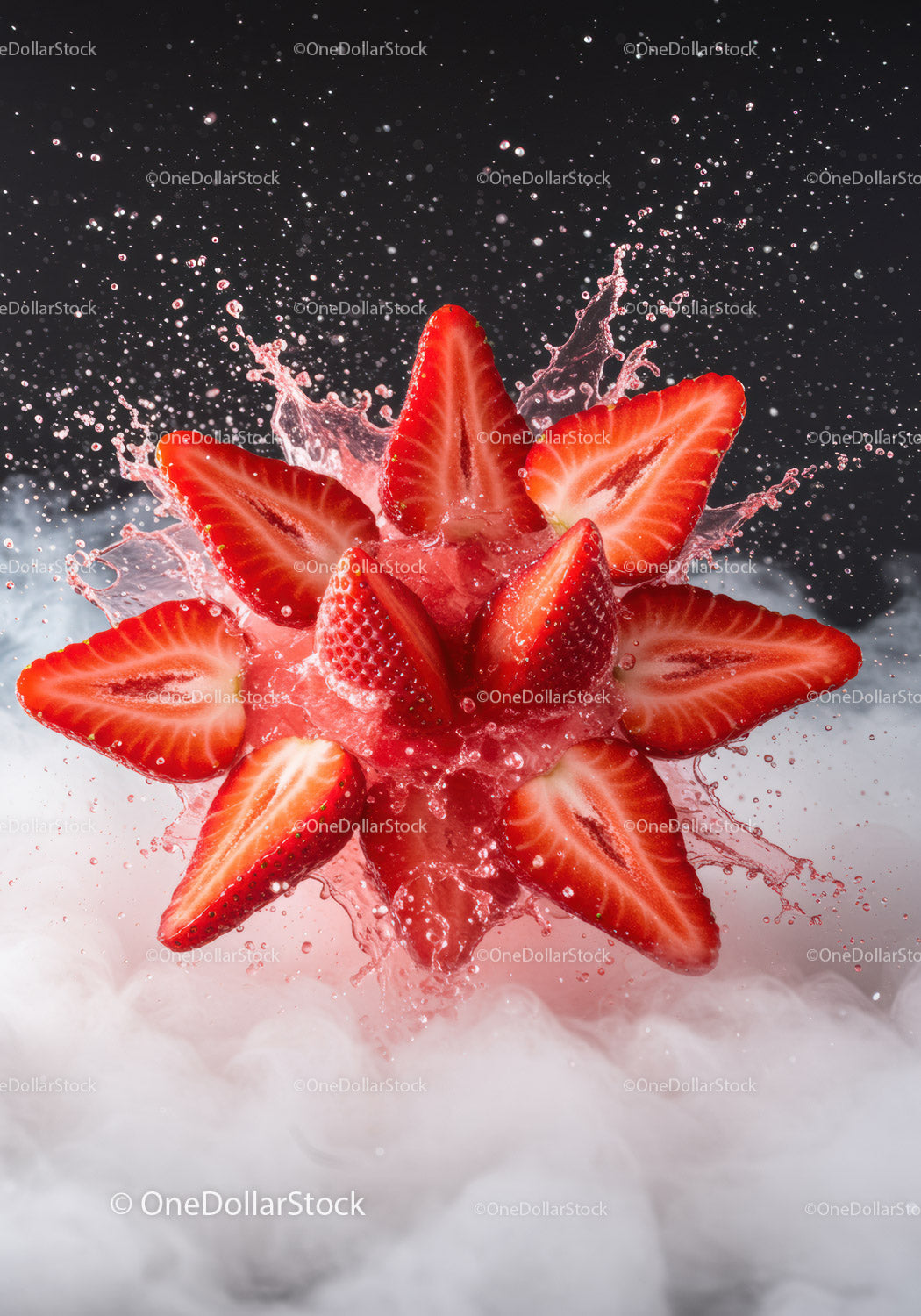 Fresh strawberries splashing in vibrant water droplets