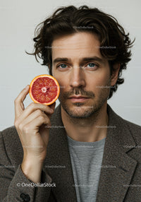 Close-up of Man with Blue Eyes Holding Red Grapefruit