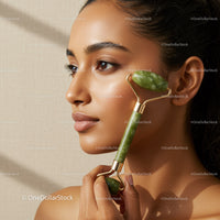 Close-up of Woman Using Jade Roller for Facial Skin Rejuvenation