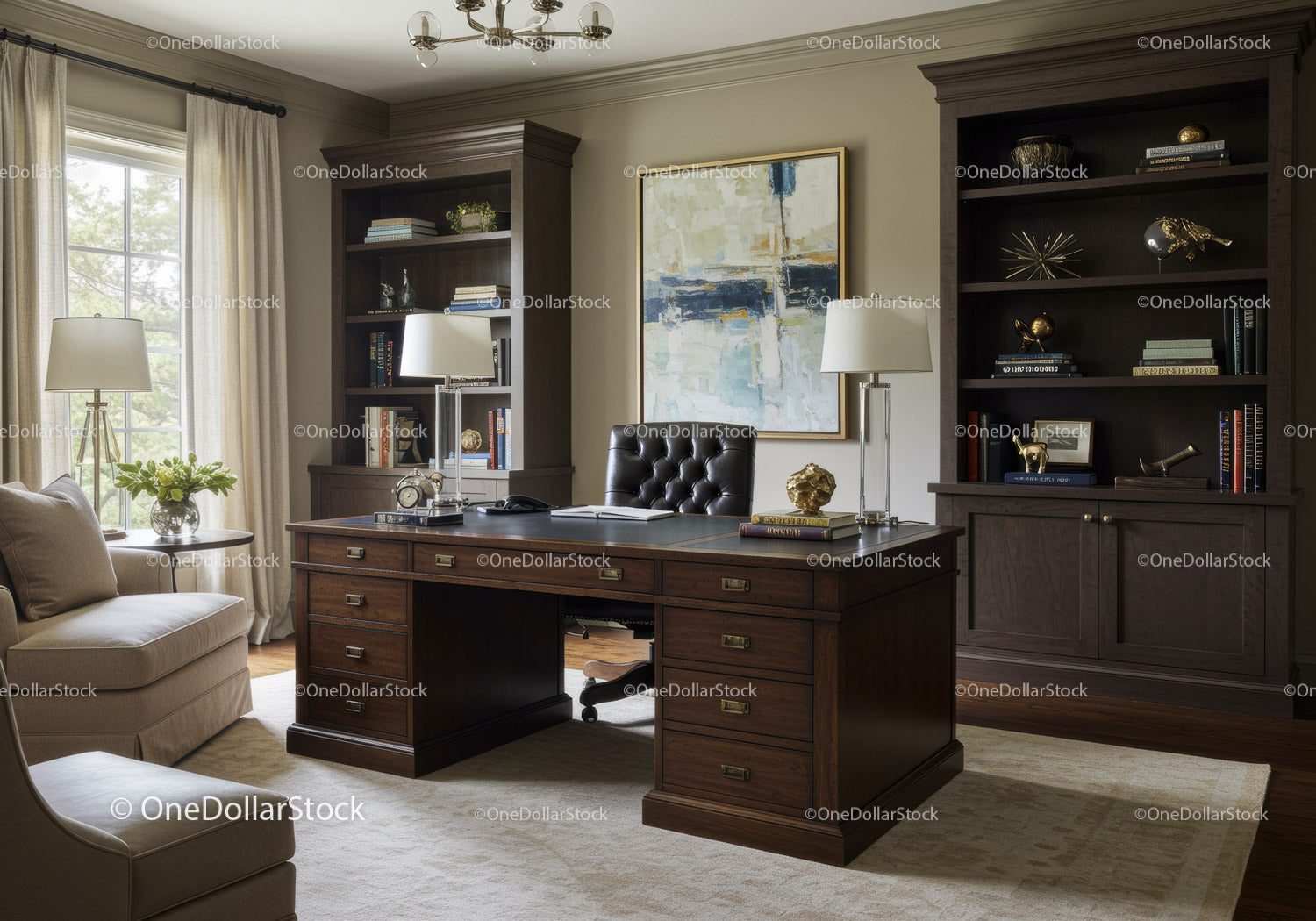 Elegant home office with classic wooden desk and bookshelves