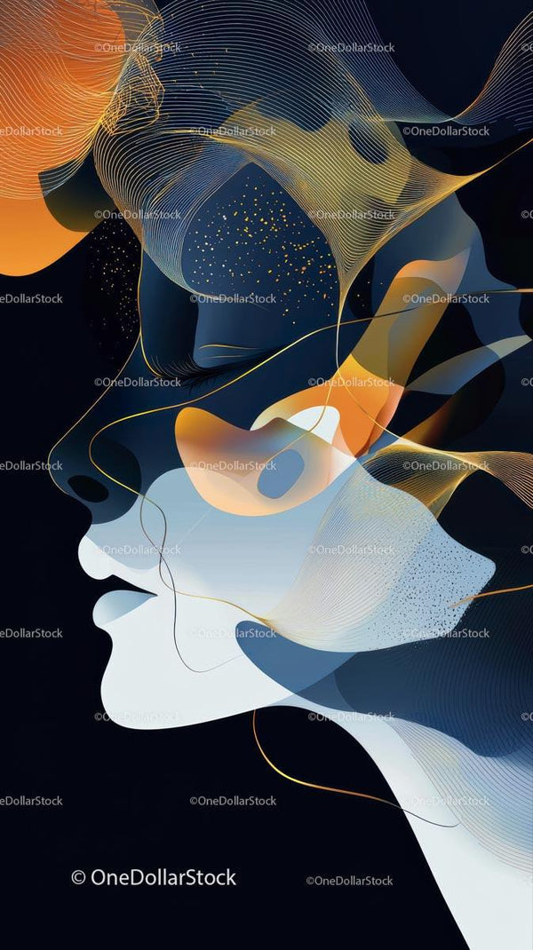 Abstract Female Profile Digital Art with Flowing Hair and Neural Lines