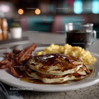 Stack of Fluffy Pancakes with Bacon and Syrup in Cozy Breakfast Setting