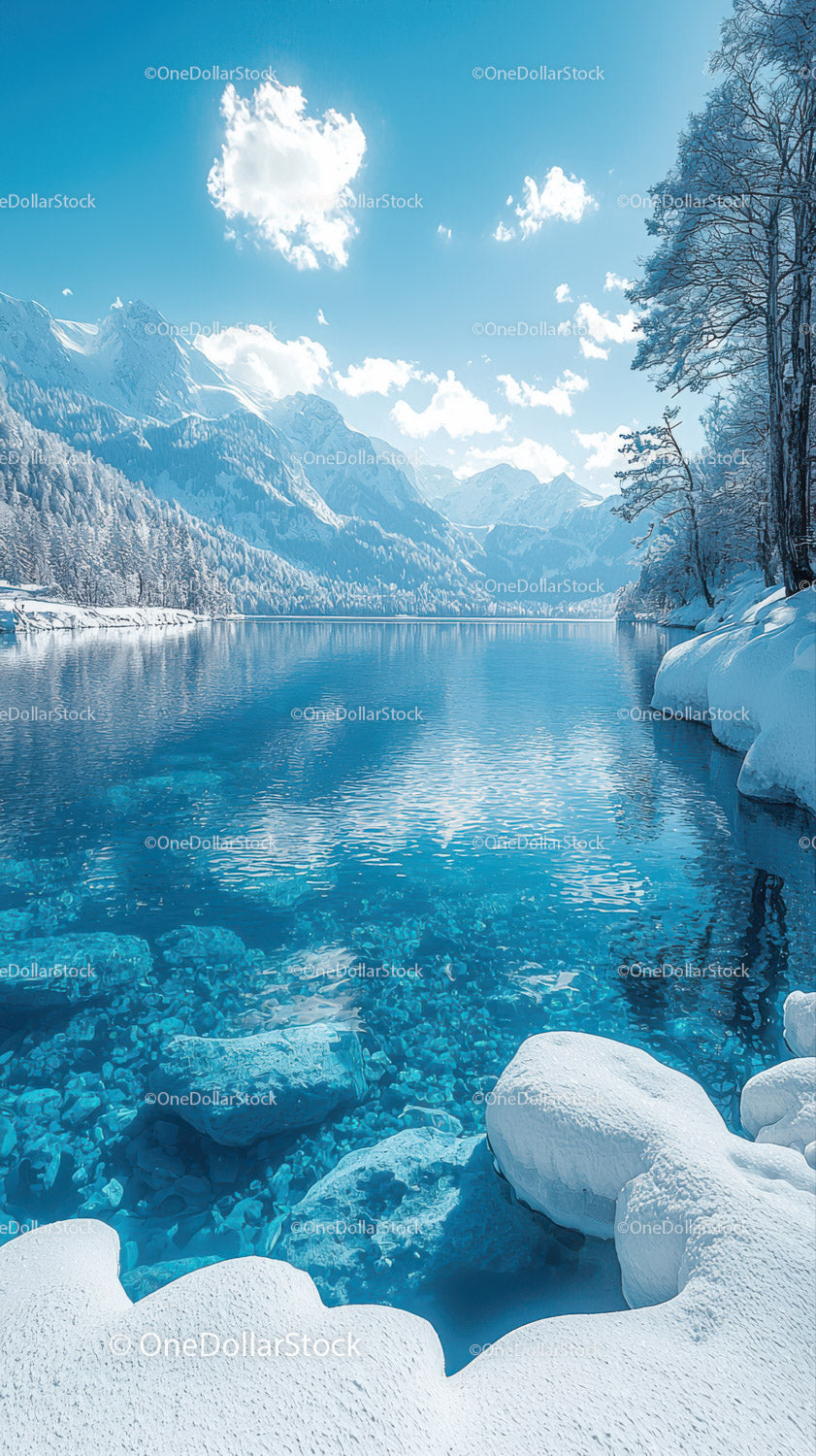 Majestic Snowy Mountains and Glacial Fjord under Bright Sun