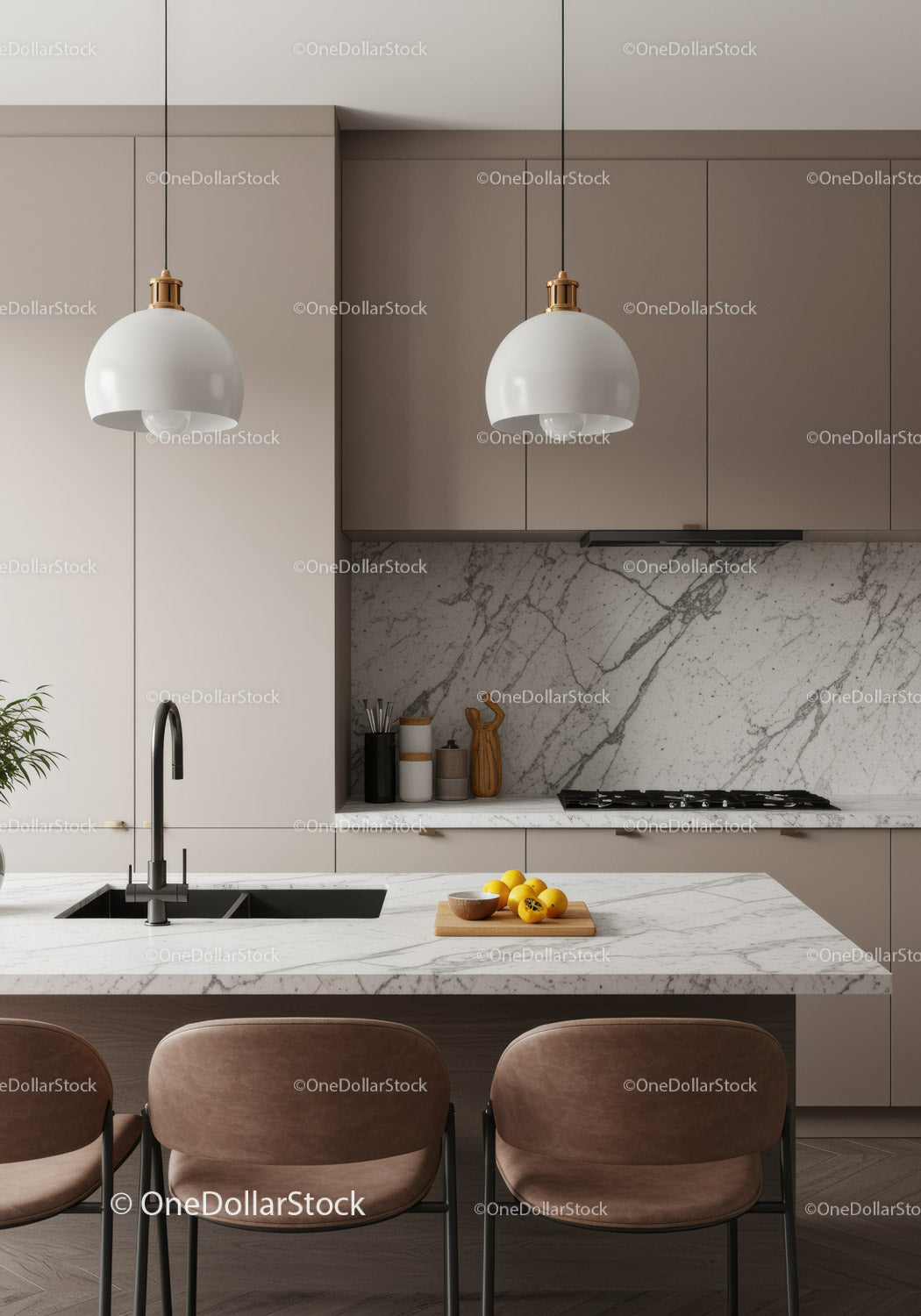 Modern Minimalist Kitchen with Marble Countertop and Pendant Lights
