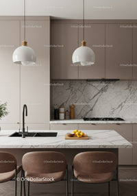 Modern Minimalist Kitchen with Marble Countertop and Pendant Lights