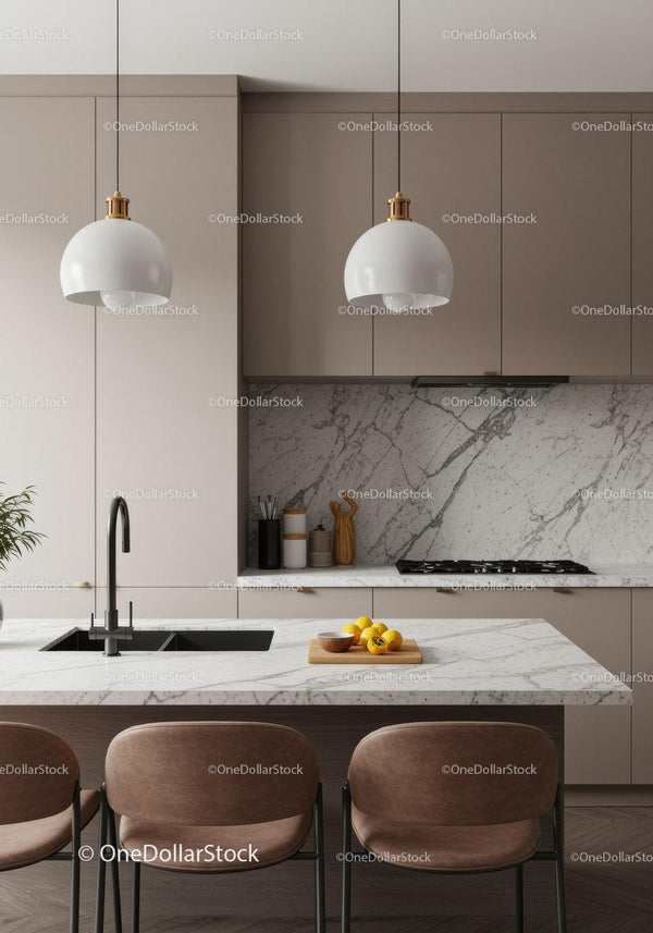 Modern Minimalist Kitchen with Marble Countertop and Pendant Lights