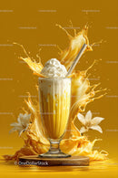 Vibrant Orange Juice Splash with Creamy Foam and Flowers