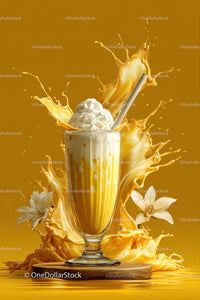 Vibrant Orange Juice Splash with Creamy Foam and Flowers
