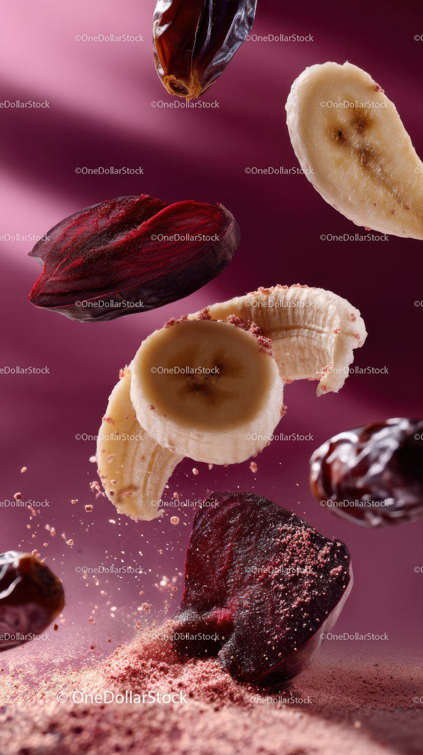 Assorted Fruit Slices and Dried Dates Falling Mid-Air in Artistic Food Composition