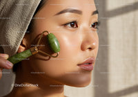Close-up of an Asian Woman Using Jade Roller for Skin Rejuvenation