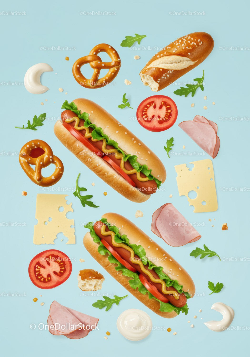 Fresh Hot Dogs with Toppings on Light Blue Background