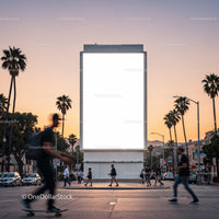 Urban sunset street scene with blank billboard and pedestrians