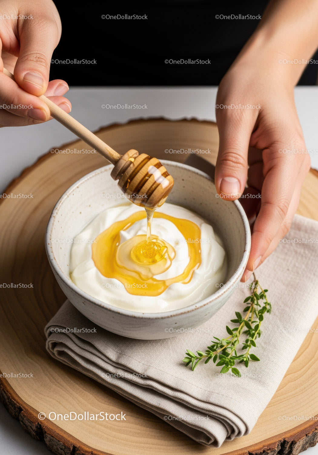 Creamy Yogurt with Honey Drizzle on Rustic Wooden Tray