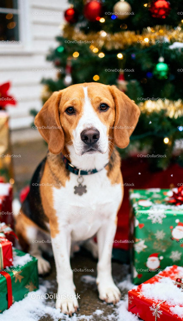Beagle siedzący przy choince z zapakowanymi prezentami