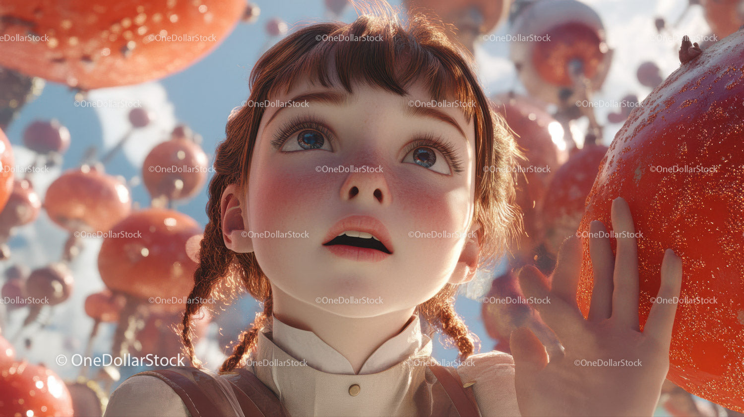 Surreal Fantasy Scene with Floating Pomegranates and Girl