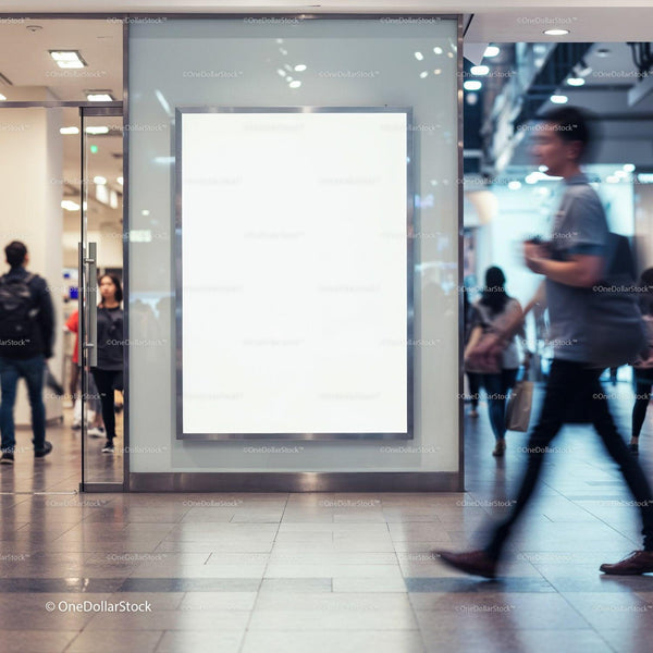 Blank vertical billboard in busy modern shopping mall JPG Mockup Image