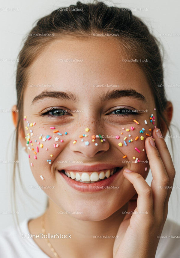 Joyful Girl with Face Decorated with Colorful Sprinkles in Close-Up