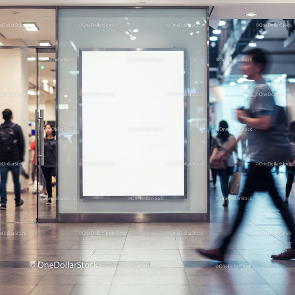 Blank illuminated billboard in busy shopping mall corridor JPG Mockup Image