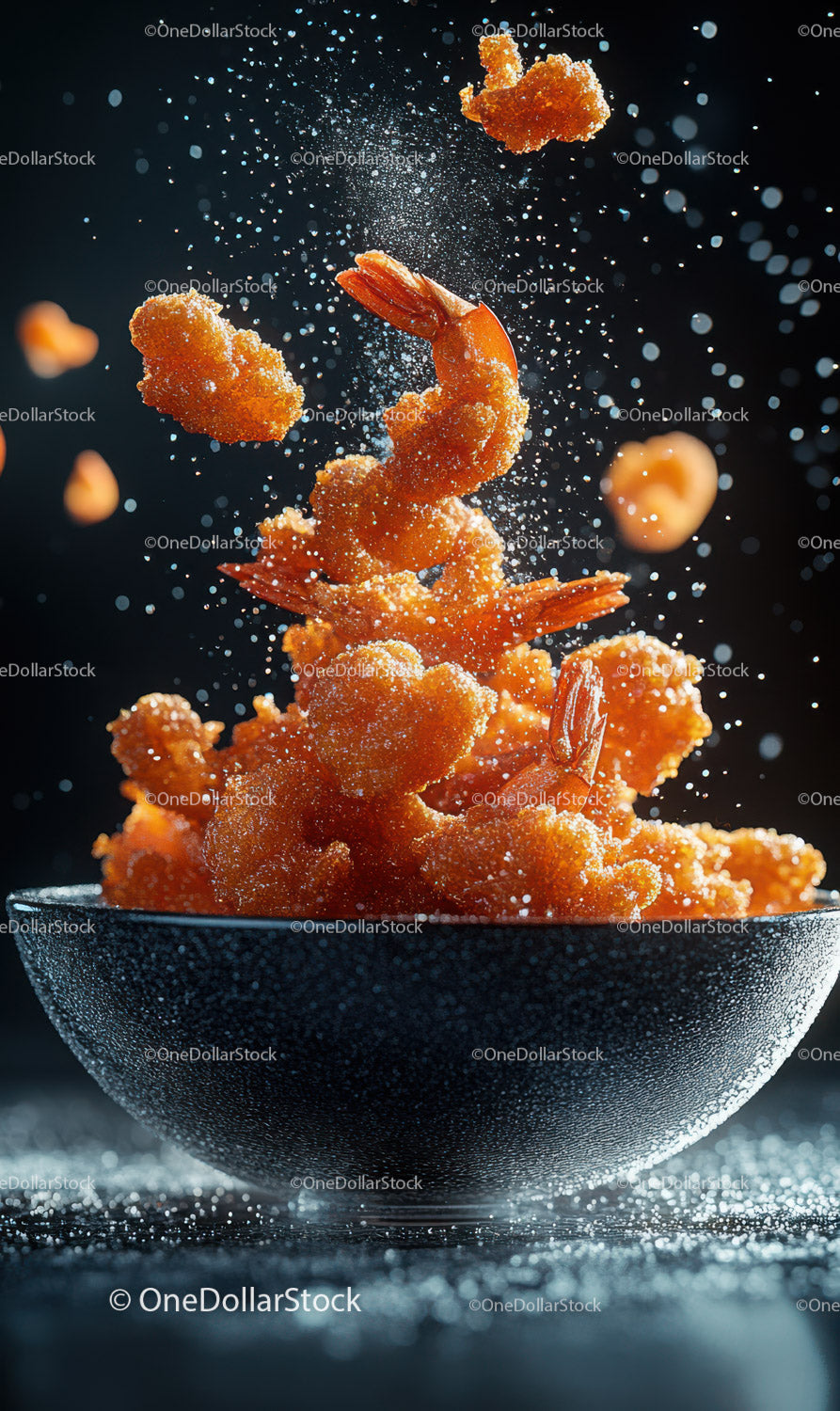 Crispy Fried Prawns with Crunchy Texture Over Black Background