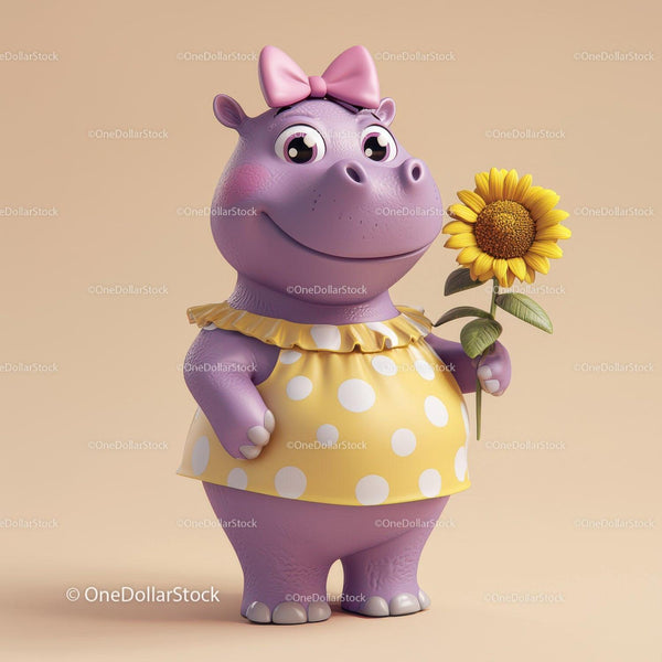Cute Purple Hippo Holding Yellow Sunflower