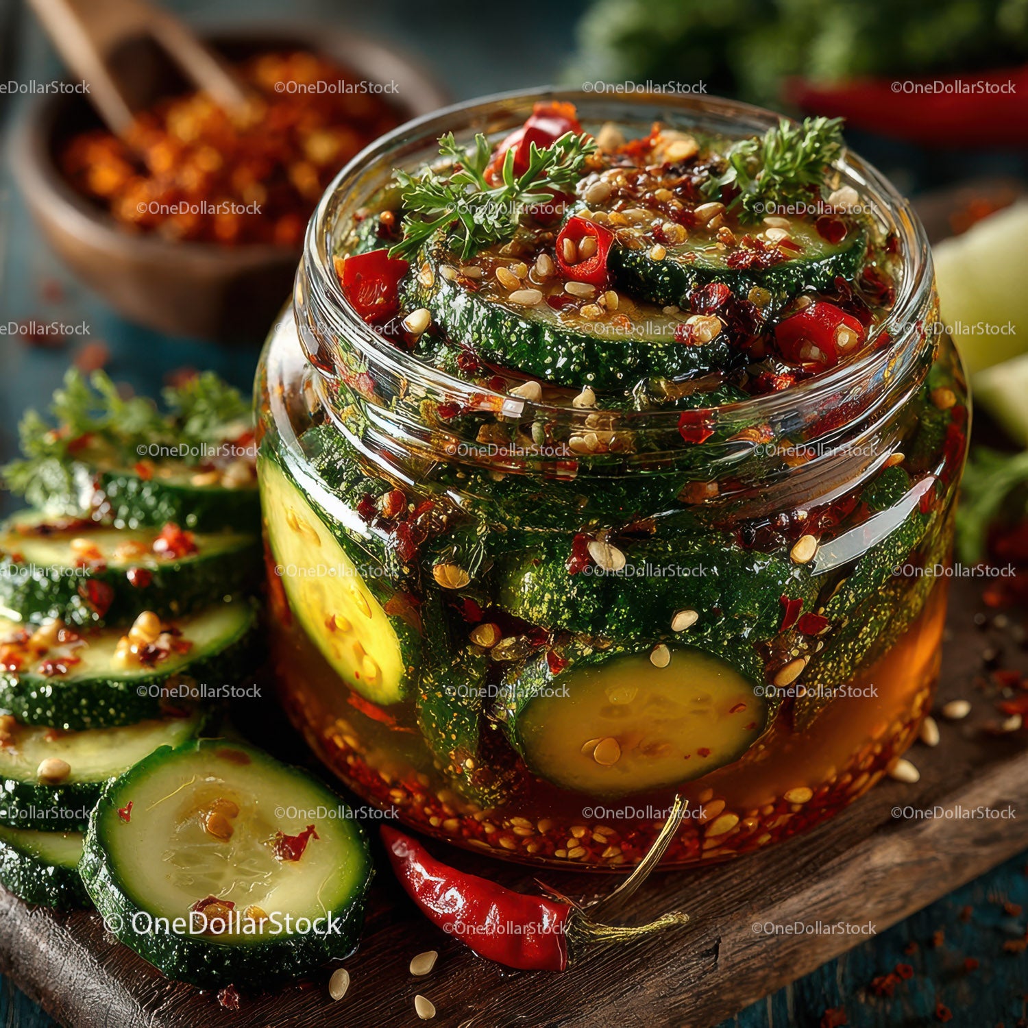 Spicy Pickled Cucumbers with Chili and Sesame in Glass Jar