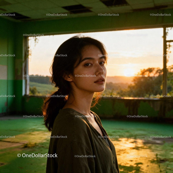 Pensive young woman in abandoned room at sunset