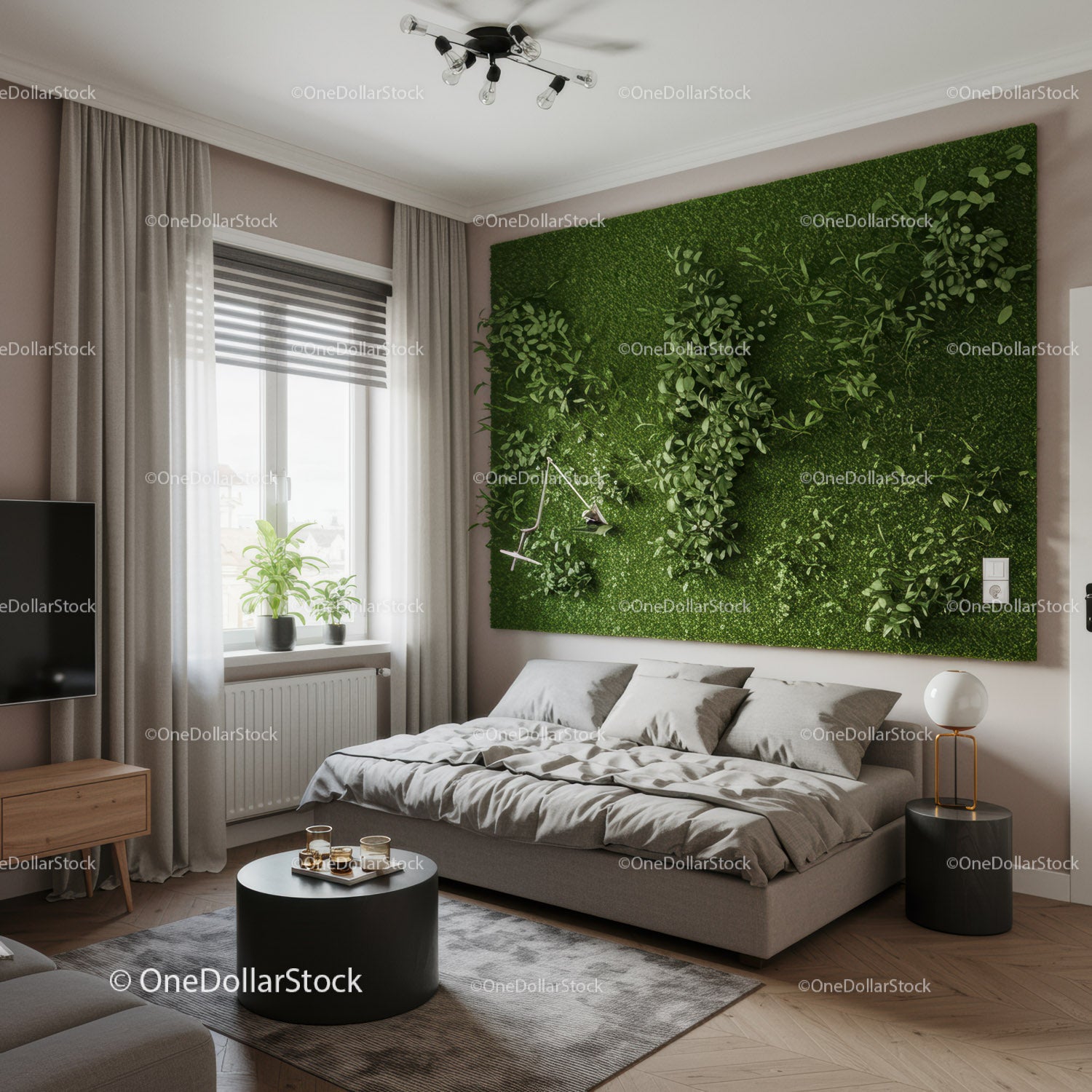 Stylowa sypialnia z żywą zieloną grafiką mchu na ścianie i przytulnym wystrojem