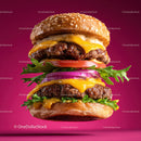 Stacked Cheeseburger with Multiple Beef Patties and Fresh Toppings