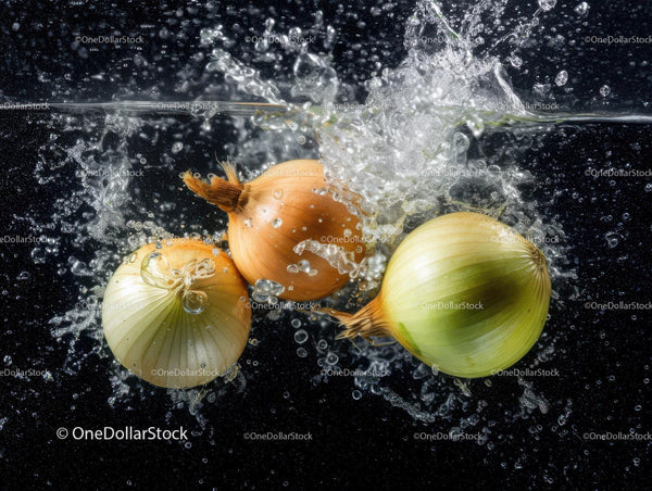 Fresh Onion Bulbs with Water Splash in Dynamic Kitchen Scene