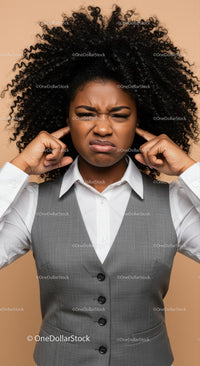 Frustrated Woman Covering Ears with Annoyed Expression
