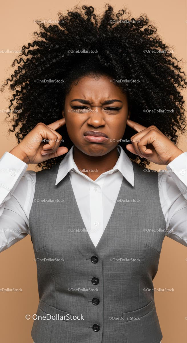 Frustrated Woman Covering Ears with Annoyed Expression