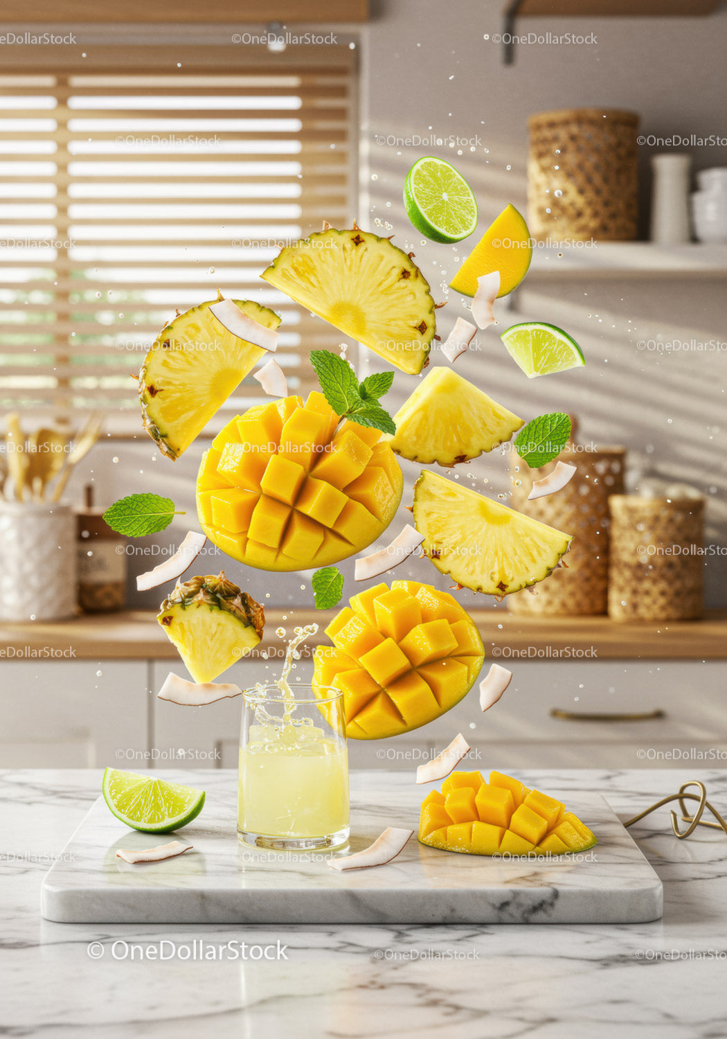 Fresh tropical fruits and juice splashing on kitchen counter