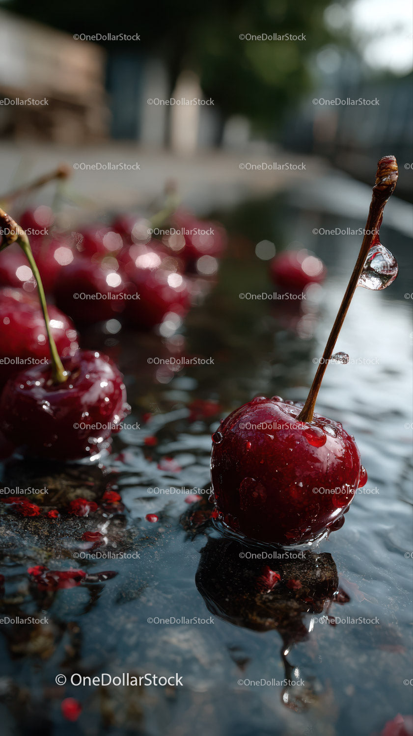 Close-up of Ripe Red Cherries with Water Reflection