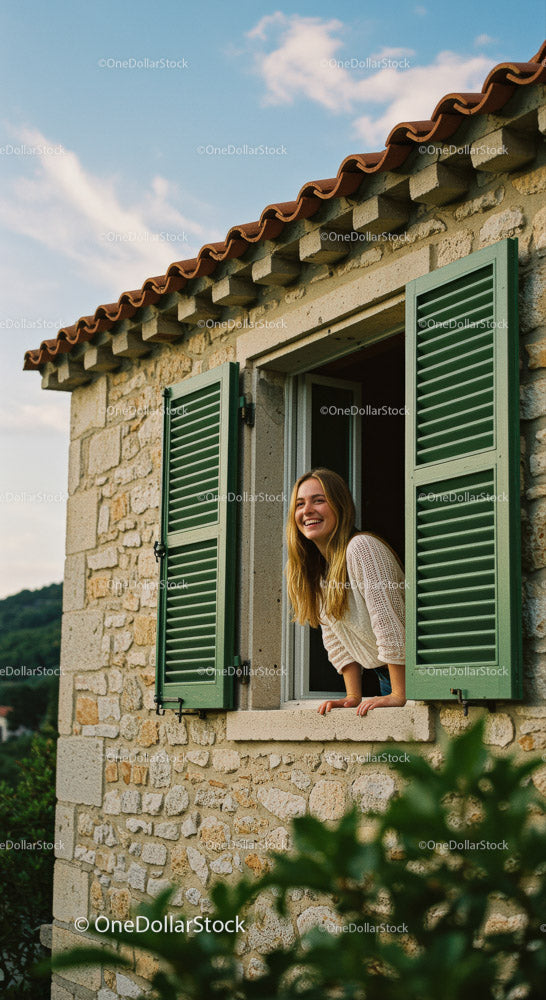 Smiling Woman by a Rustic Window with Green Shutters